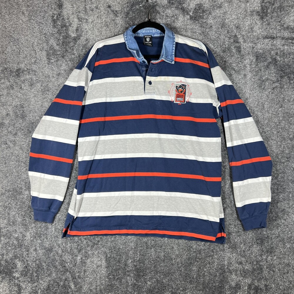 Vintage Warner Bros Studio Store Polo Shirt Mens XL Blue Striped Daffy Duck 90s